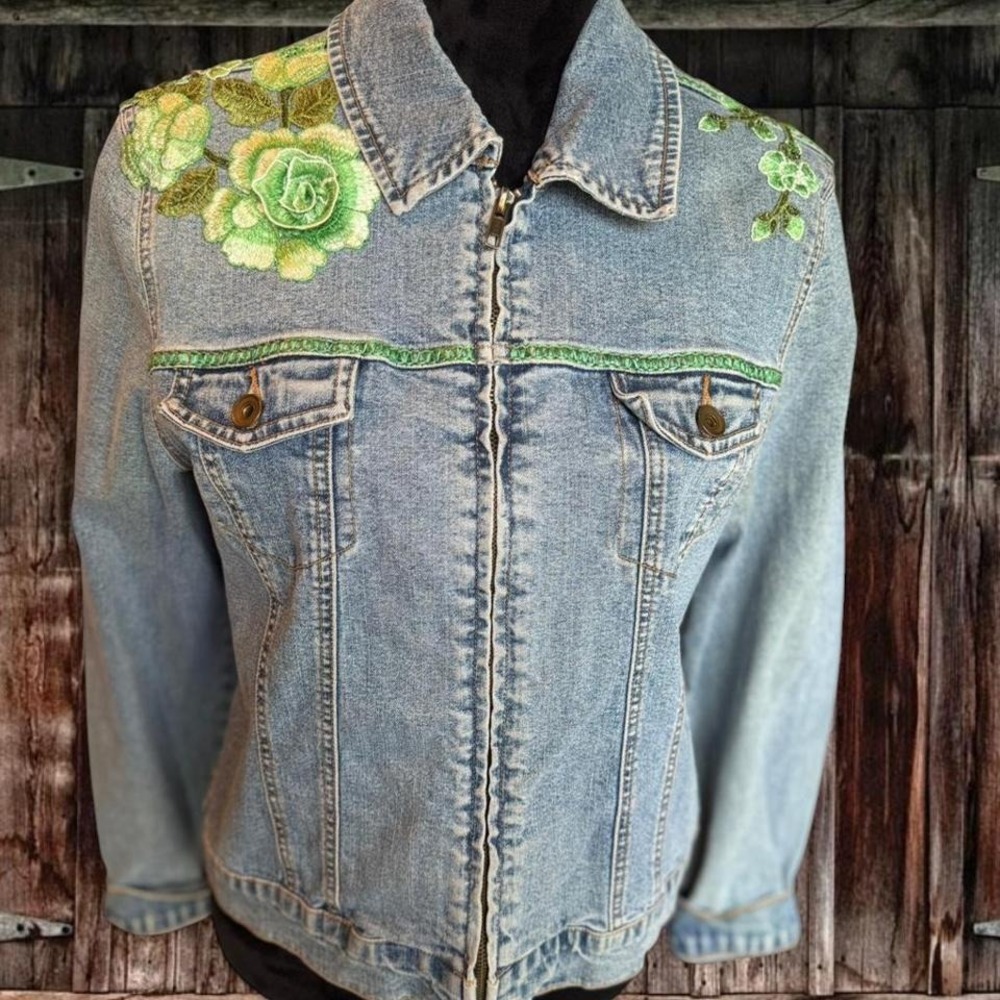 Vintage Embroidered Denim Jacket Western Festival Cowgirl Size‎ L